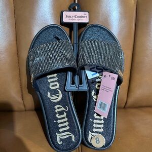 Juicy Couture Black and Gold Rhinestone Slide Sandals
